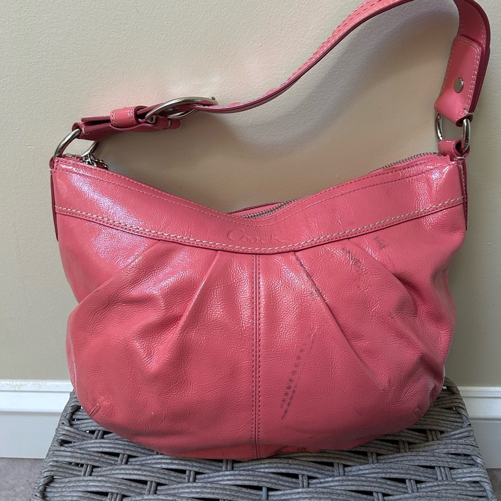 Coach F13750 Y2K Pink Patent Leather Pleated Hobo Shoulder Bag